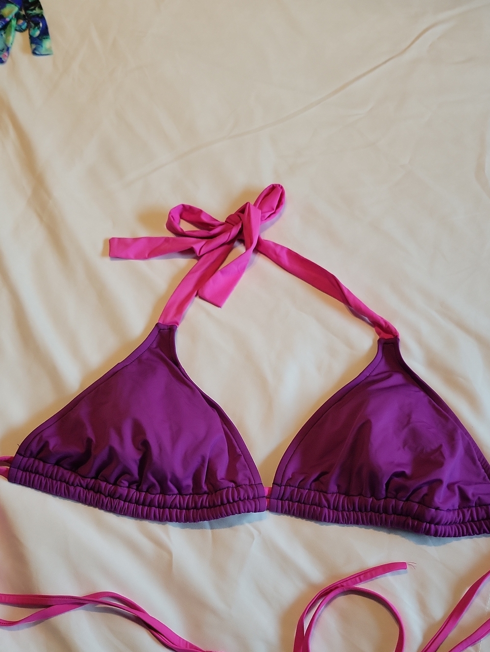 Women’s Purple Triangle Bikini Top with Pink Ties